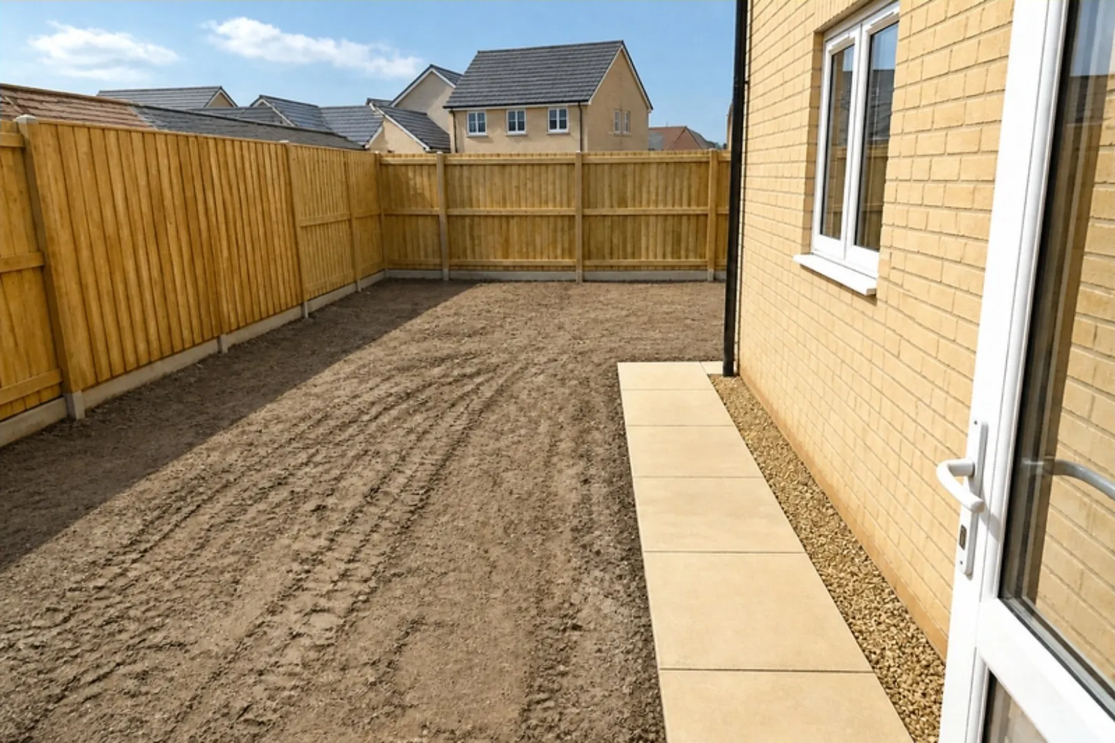 Bare new-build back garden at handover: flat compacted soil with tyre ruts beside a new fence