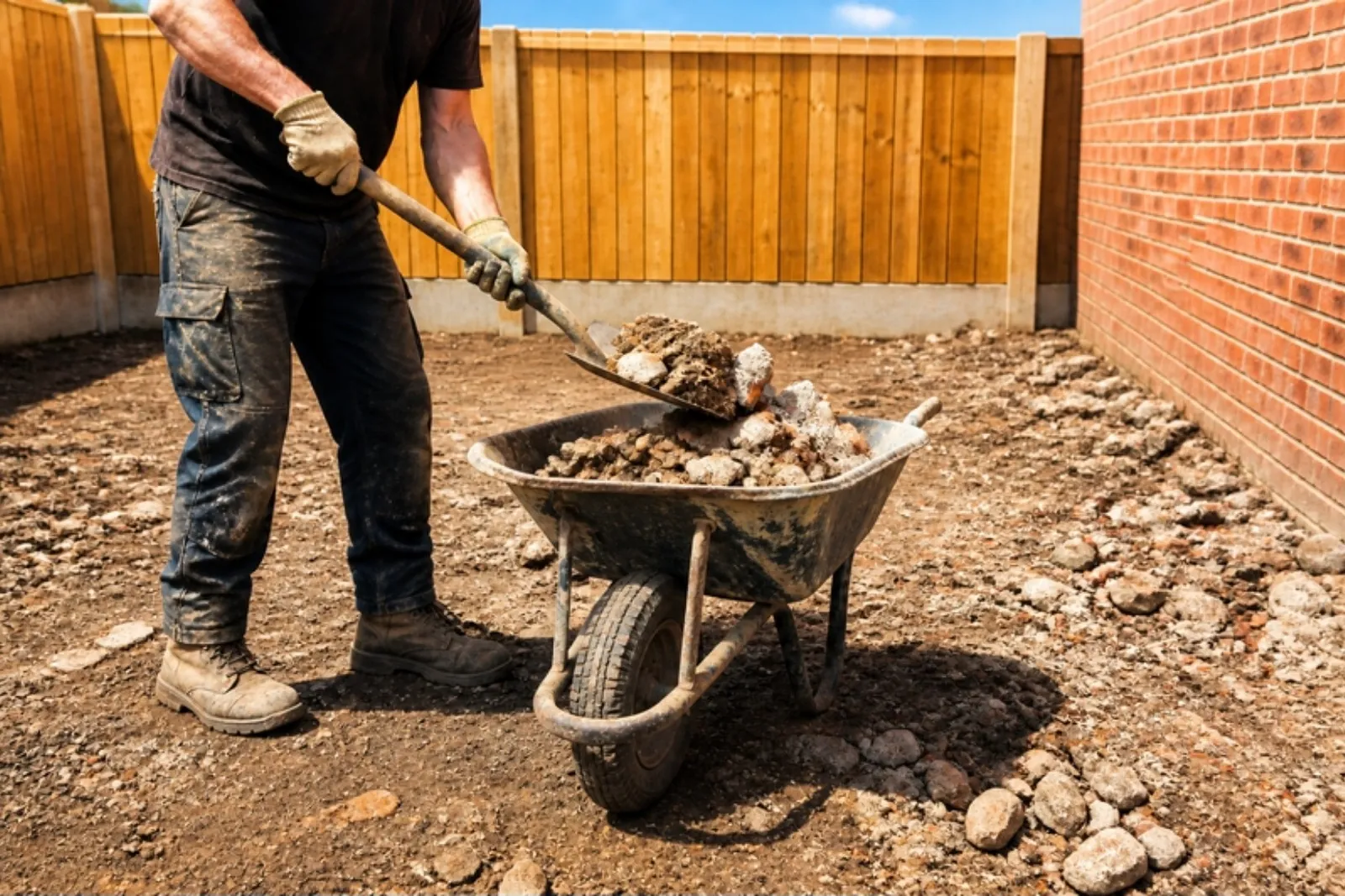 Builders' rubble and stones being shovelled into a wheelbarrow in a new-build garden