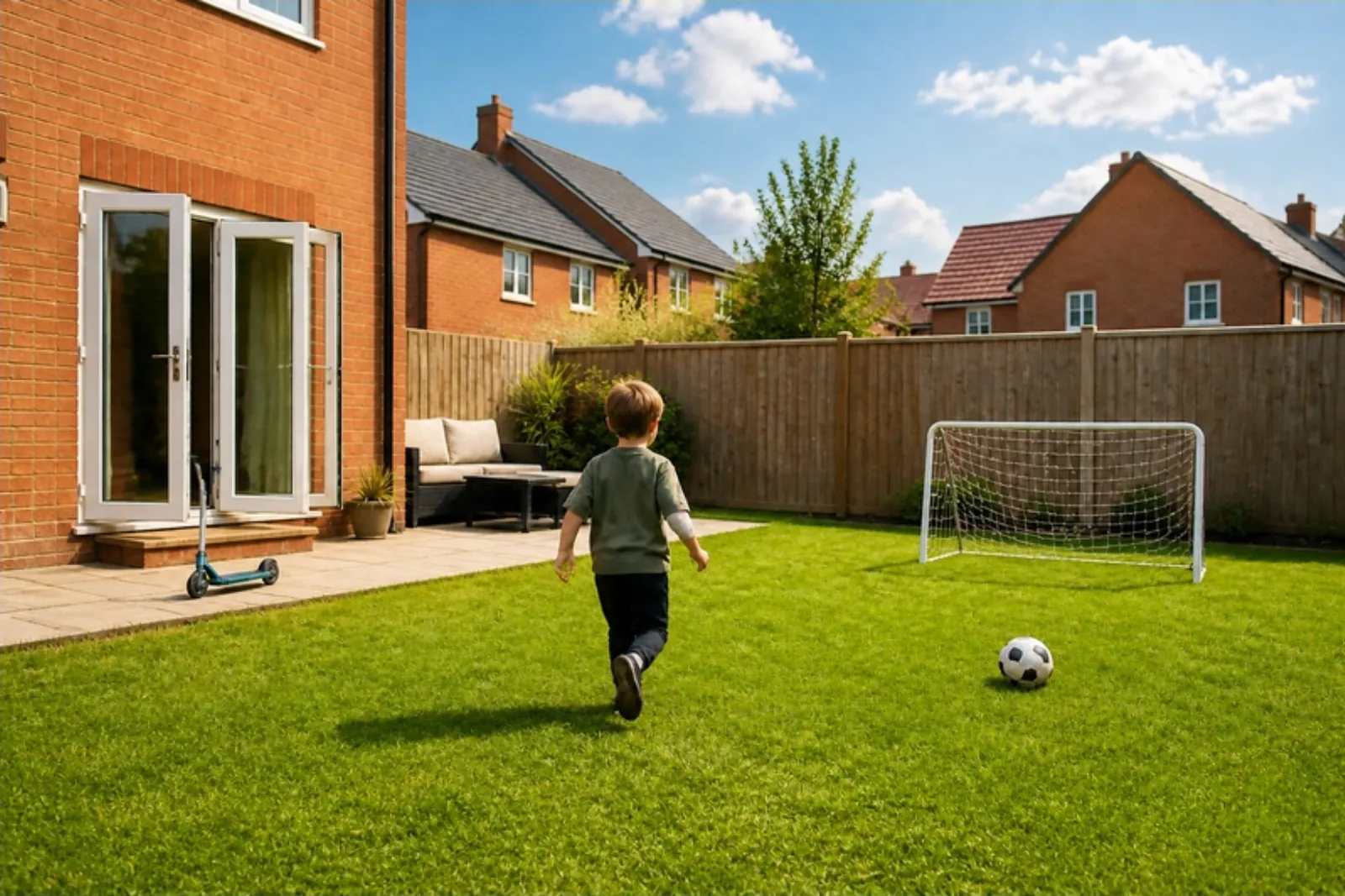 A child running across a new lawn towards a football goal behind a new-build home