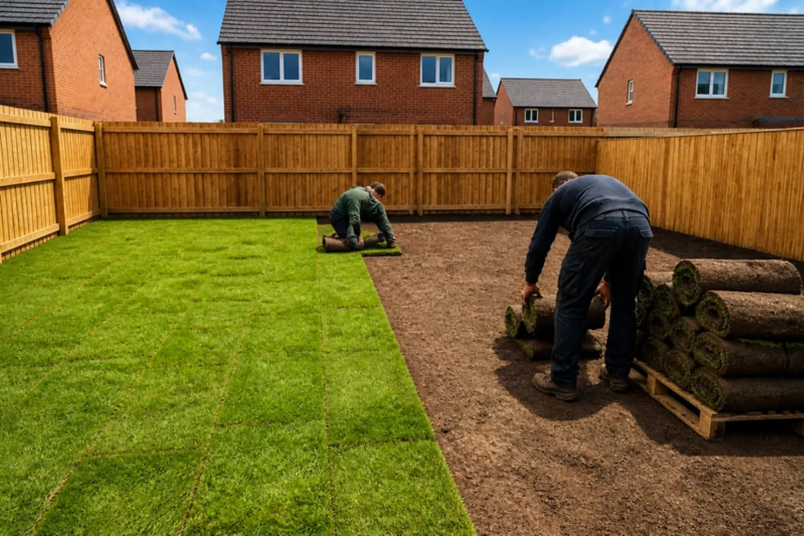 Turf rolls being laid in a fenced new-build garden, half turfed and half bare soil