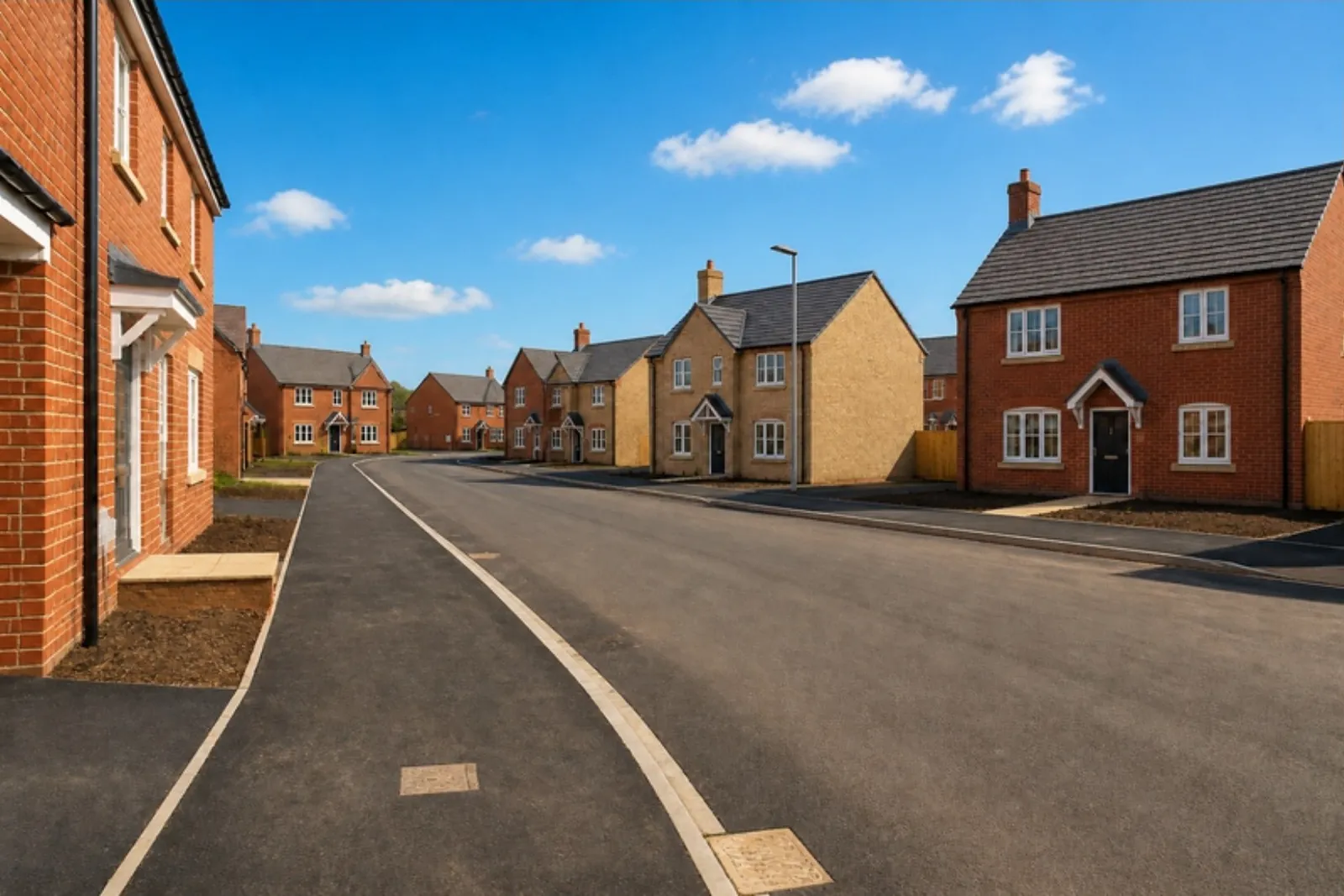 Red and buff brick new-build homes along a freshly laid estate road