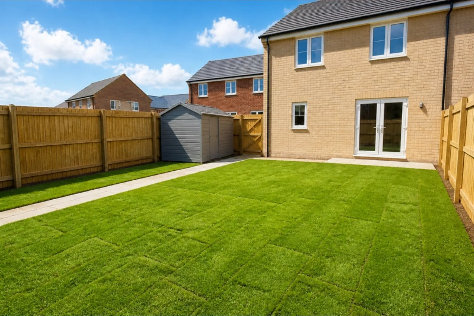 Newly turfed back lawn of a new-build home with French doors, a shed and a slab path