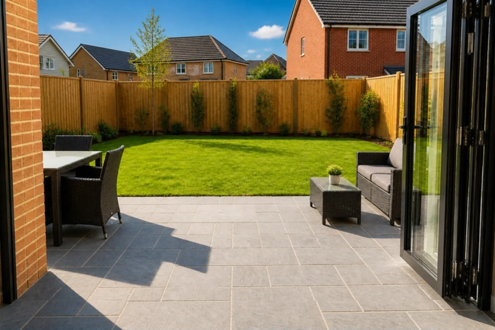 Grey slab patio with garden furniture outside bifold doors, a fresh lawn beyond