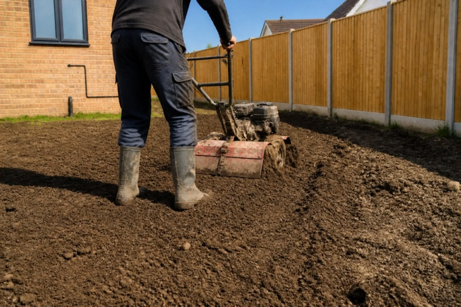 A rotavator breaking up compacted ground in a new-build back garden