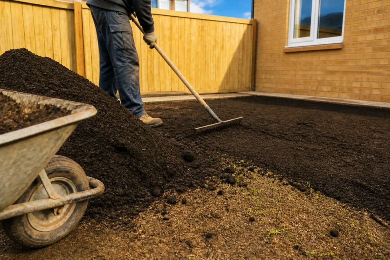 Dark topsoil being raked out across a new-build garden